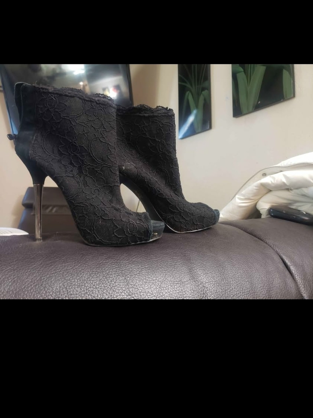 Black Lace Peep-Toe Ankle Booties - Women Shoes